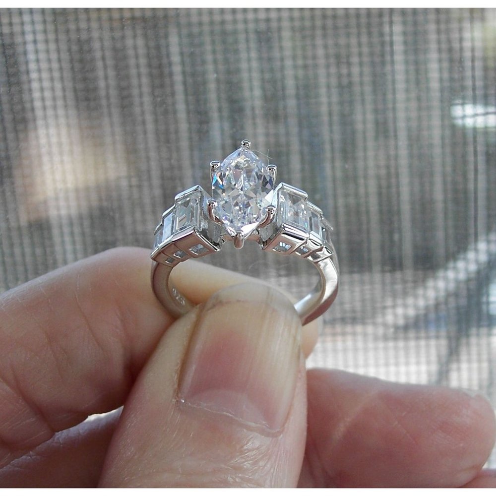 925 STERLING SILVER Marquise & Baguette Cubic Zirconia Ring - Picture 9 of 16